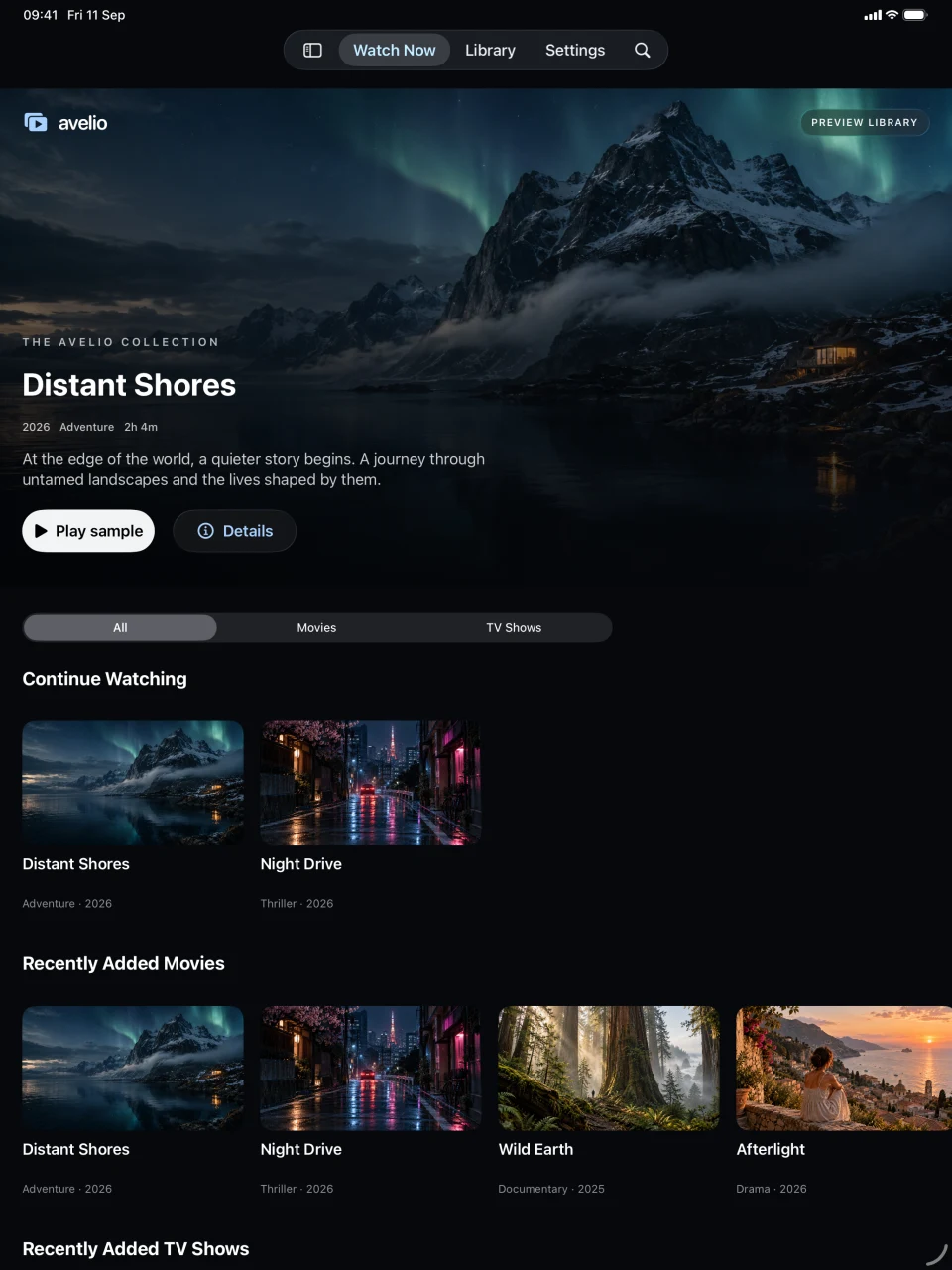 Avelio’s native iPad app showing the demo collection and Continue Watching