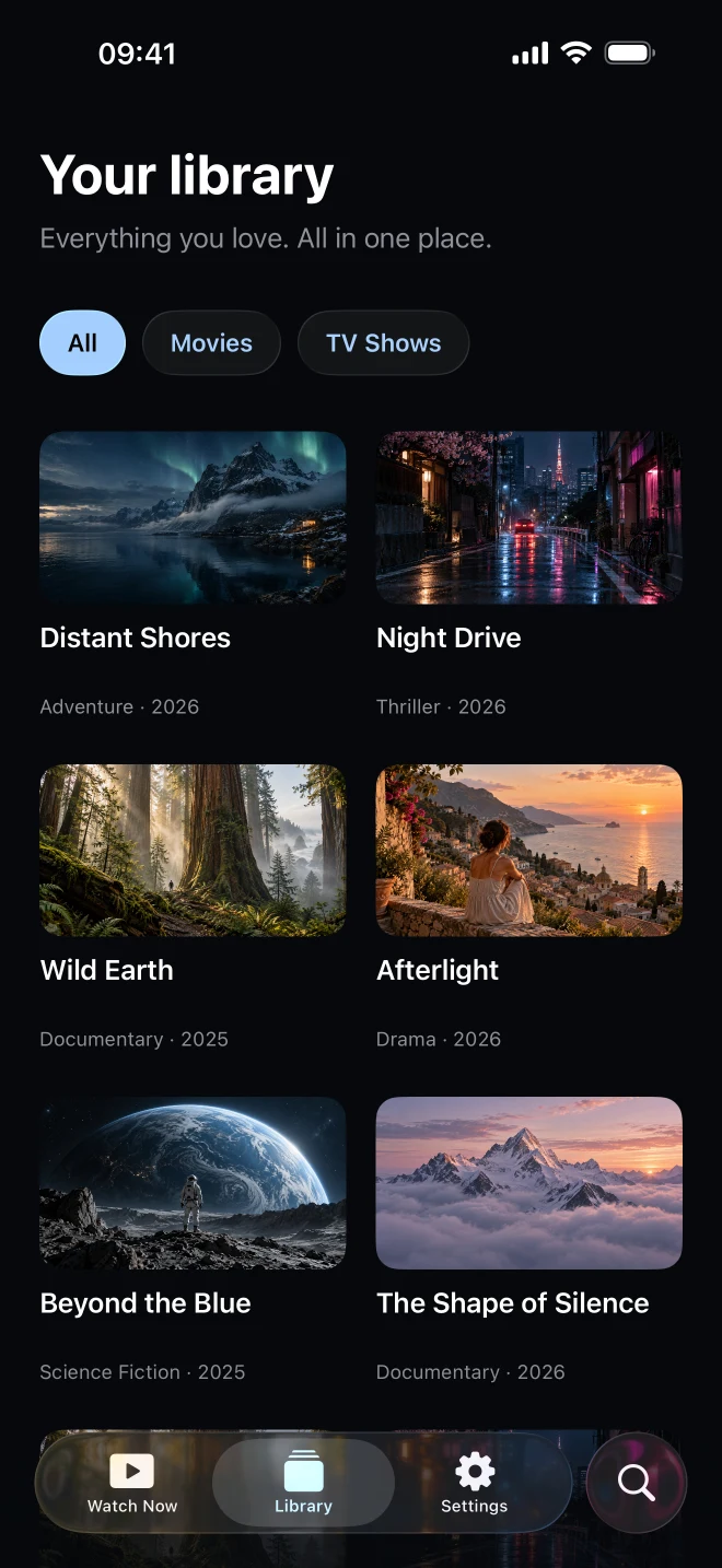 The actual Avelio iPhone library, showing movies and shows together with native category controls