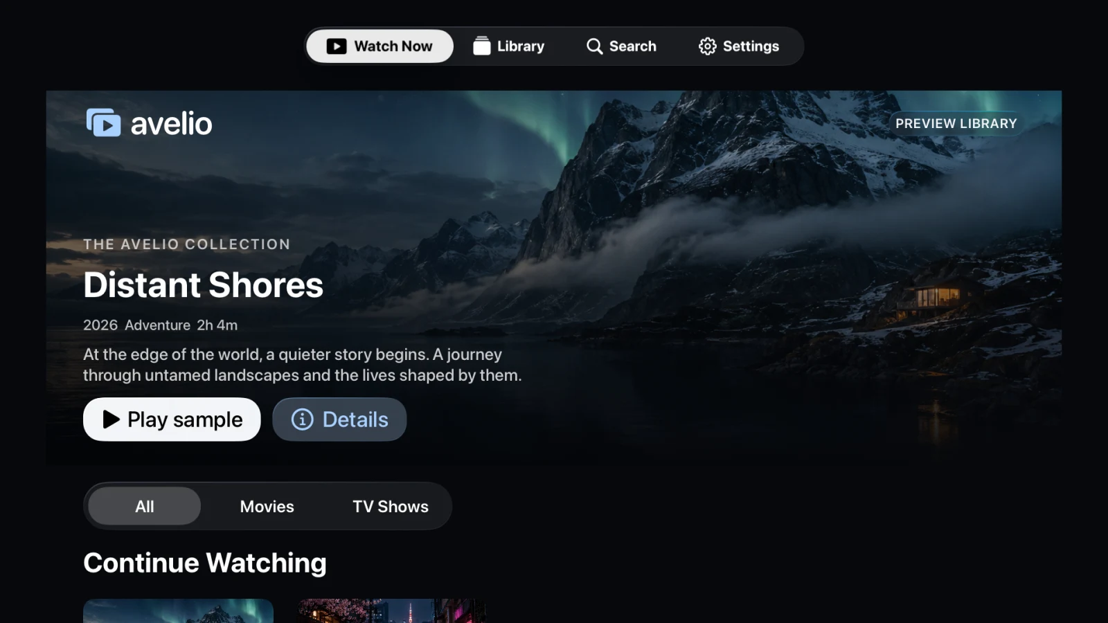 Avelio on Apple TV, with Distant Shores featured above the Continue Watching shelf in the demo library